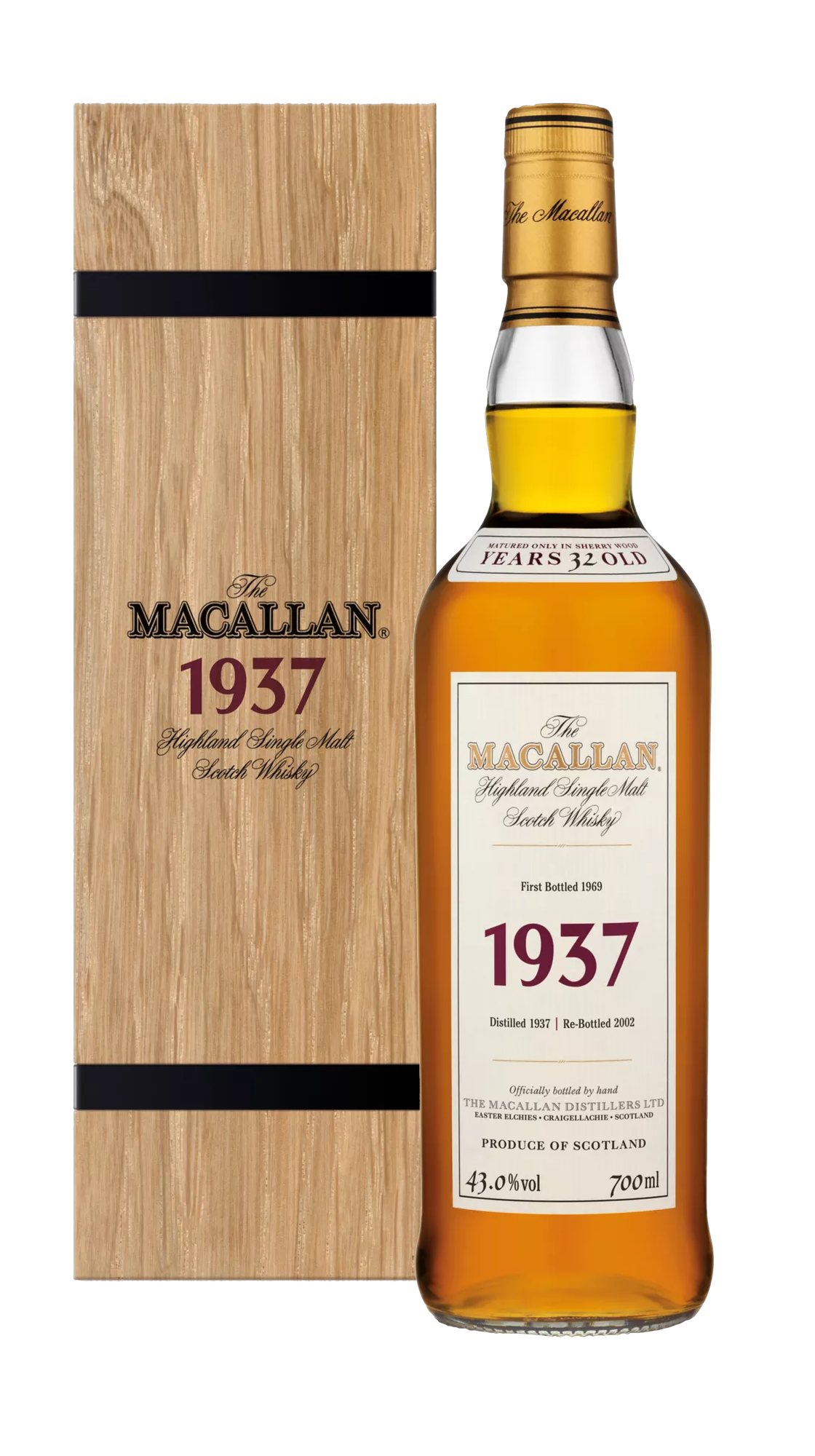 Macallan, Highland Single Malt Fine & Rare 1937 32YO Bottled 1969, Speyside — official Macallan bottle photograph shown beside the Fine & Rare 1937 presentation case; the case is shown for illustration