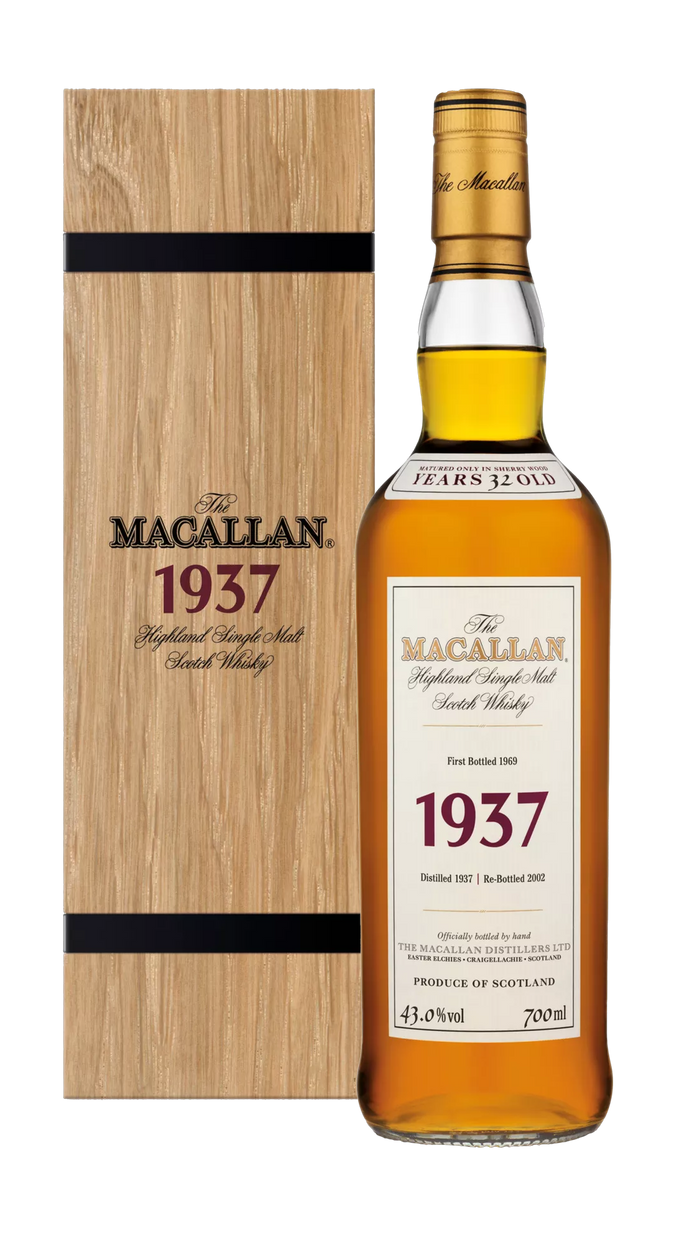 Macallan, Highland Single Malt Fine & Rare 1937 32YO Bottled 1969, Speyside — official Macallan bottle photograph shown beside the Fine & Rare 1937 presentation case; the case is shown for illustration