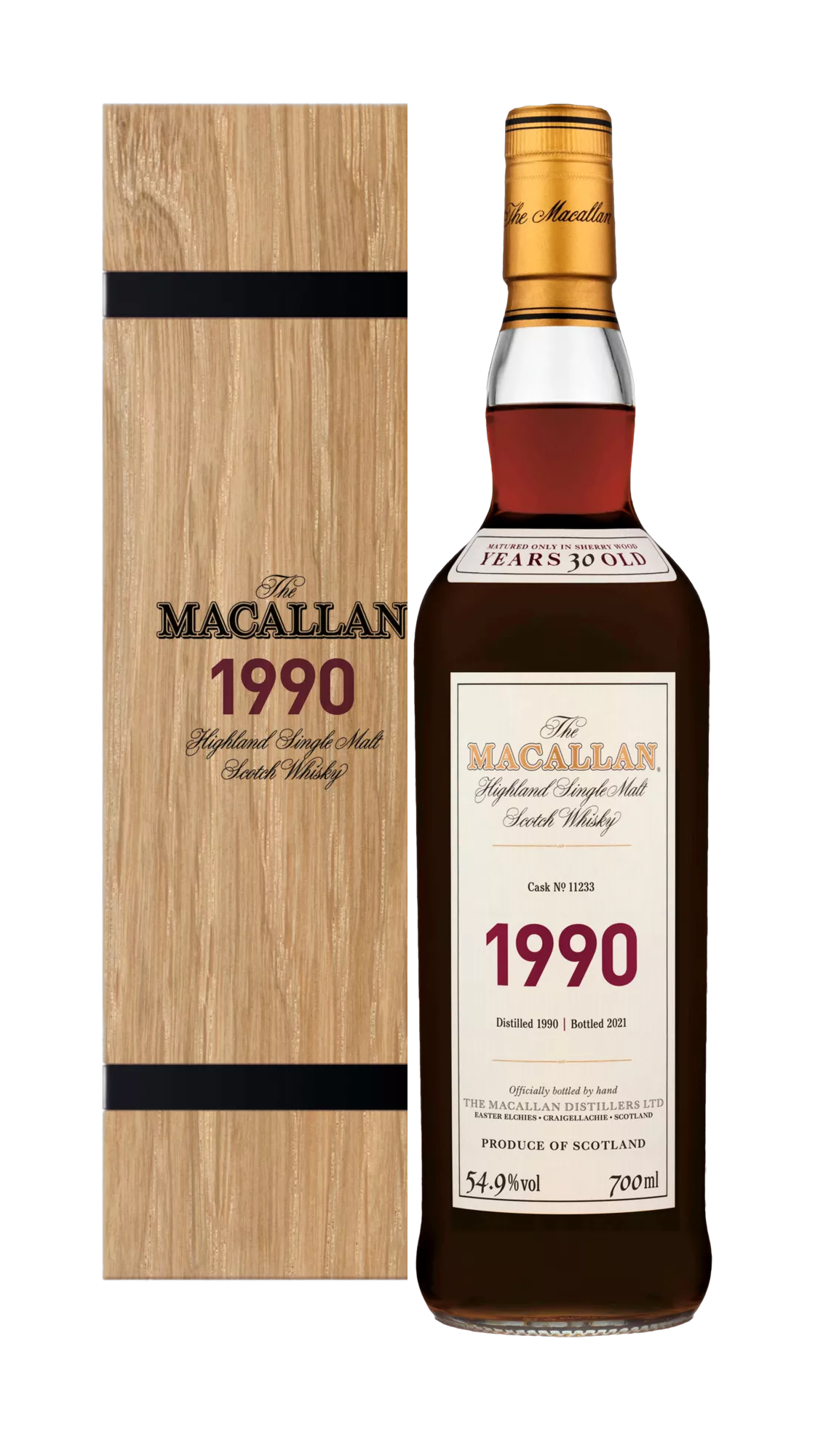 Macallan, Highland Single Malt Fine & Rare 1990 Cask No 11233 30YO Bottled 2021, Speyside — official Macallan bottle photograph shown beside the Fine & Rare 1990 presentation case; the case is shown for illustration